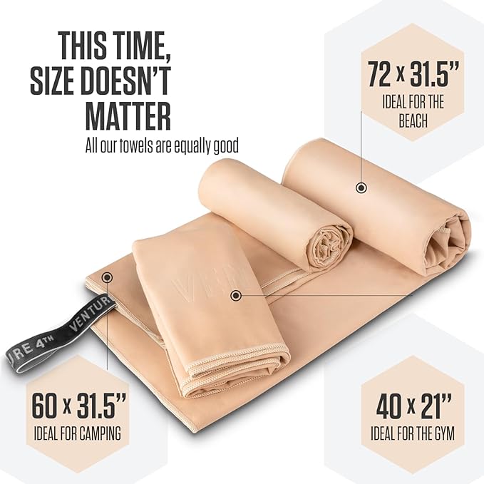 VENTURE 4TH Quick Dry Towel. Microfiber Travel Towel Ideal for Camping, Hiking, Backpacking, Gym. Lightweight & Fast Drying Travel Towels for Body. Compact & Easy to Pack - Beige Medium
