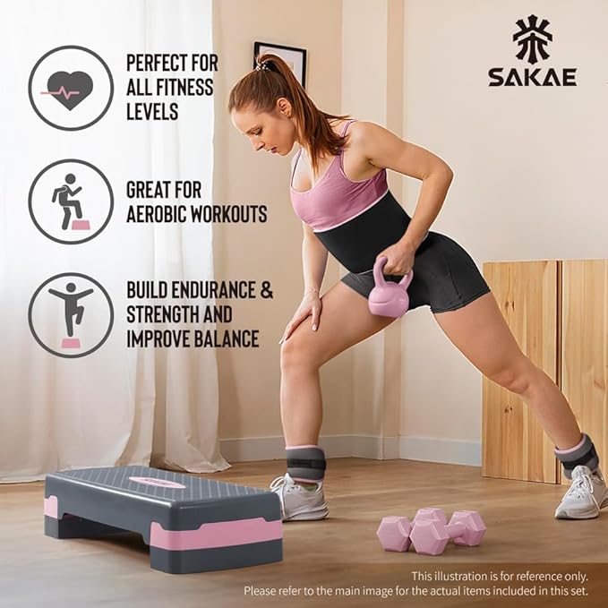 SAKAE Adjustable Aerobic Stepper Kit with Dumbbells & Kettlebell & Weightlifting Belt & Measuring Tape, 2 Level Risers Exercise Step Platform for Home Gym Exercise Fitness Workout, Multiple Colors