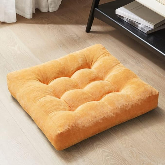 Degrees of Comfort Meditation Floor Pillow, Square Large Pillows Seating for Adults, Tufted Corduroy Cushion for Living Room Tatami, Orange Yellow 22x22 Inch
