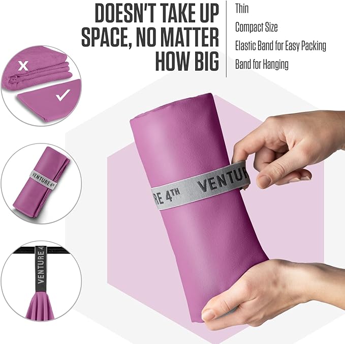 VENTURE 4TH Quick Dry Towel. Microfiber Travel Towel Ideal for Camping, Hiking, Backpacking, Gym. Lightweight & Fast Drying Travel Towels for Body. Compact & Easy to Pack - Purple Large