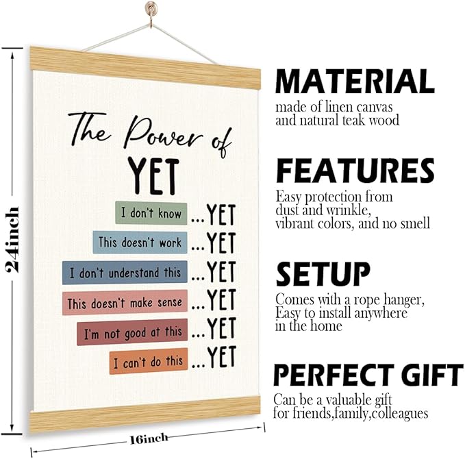 YGSDZY The Power Of Yet Poster, Therapy Office Decor, Wood Poster Hanger, Boho Classroom, Growth Mindset Mental Health Posters, Therapy Wall Art, School Psychology, Classroom Decor