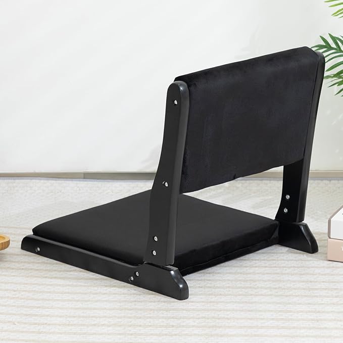 HollyHOME Foldable Tatami Chair, Upholstered Japanese Style Floor Seat, Wood Legless Back Rest With Cushion, Accent Meditation for Bay Window, Living Room, Bedroom, Black