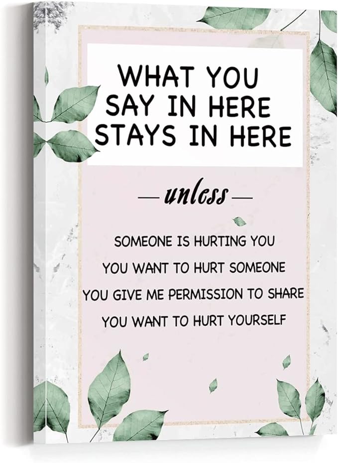 What You Say In Here Stays In Here Canvas Wall Art,Mental Health Positive Canvas Framed Wall Art Painting Ready to Hang for Kids Classroom Nursery Therapist Office Wall Decor (12 x 15 Inch)