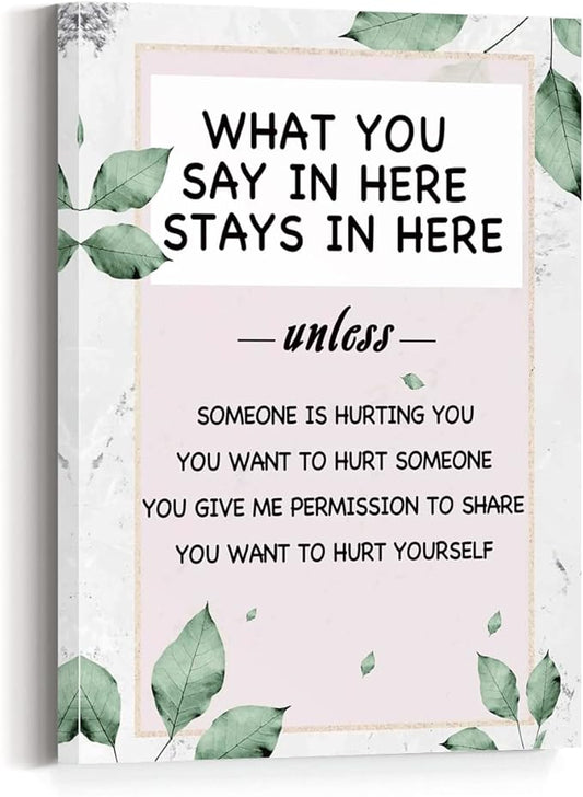 What You Say In Here Stays In Here Canvas Wall Art,Mental Health Positive Canvas Framed Wall Art Painting Ready to Hang for Kids Classroom Nursery Therapist Office Wall Decor (12 x 15 Inch)