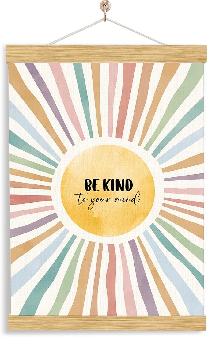 YGSDZY Be Kind To Your Mind Sign, Mental Health Poster, Wood Poster Hanger, Sun Playroom Posters, Therapy Office Decor, Boho Sun Decor, School Psychologist Signs, Classroom Decoration