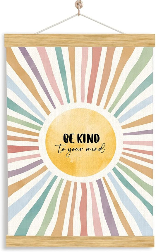 YGSDZY Be Kind To Your Mind Sign, Mental Health Poster, Wood Poster Hanger, Sun Playroom Posters, Therapy Office Decor, Boho Sun Decor, School Psychologist Signs, Classroom Decoration