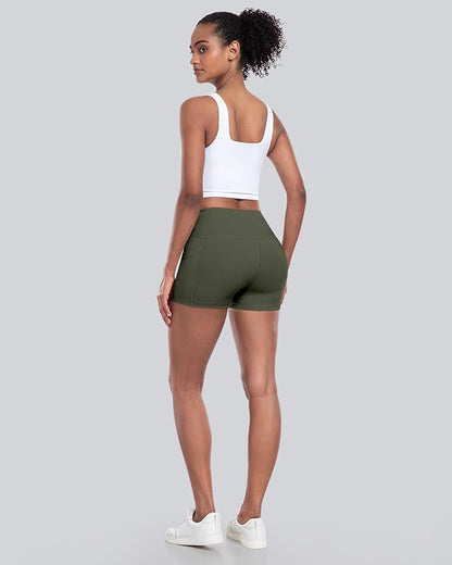 CHRLEISURE Womens Biker Yoga Shorts with Pockets: High Waisted Tummy Control Spandex Workout Athletic Gym Shorts 4 Packs