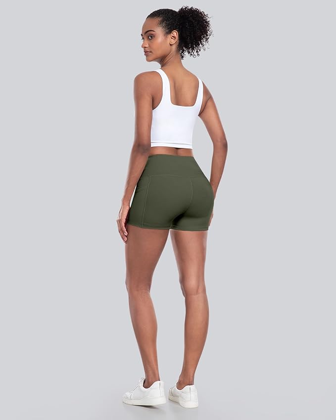 CHRLEISURE Womens Biker Yoga Shorts with Pockets: High Waisted Tummy Control Spandex Workout Athletic Gym Shorts 4 Packs