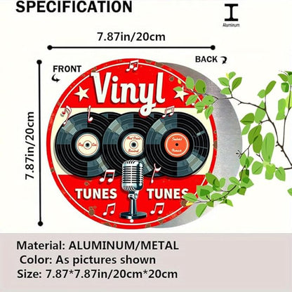 1pc Vintage Aluminum Metal Sign - Vinyl Tunes Round Wall Art - Classic Records & Retro Microphone Design - Ideal for Bar, Cafe, Music Room Decor - 7.8" Diameter