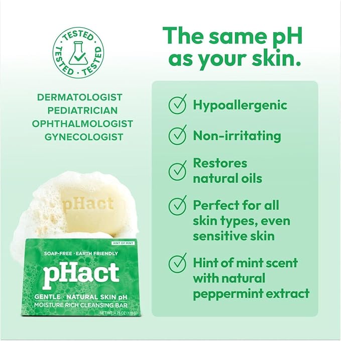 ANDREW LESSMAN pHact Moisture-Rich, Soap-Free Cleansing Bar Hint of Mint. Natural Skin pH. All Skin Types - Even Sensitive Skin. Hypoallergenic. Dermatologist Tested. 12 Pack 4.25 oz each