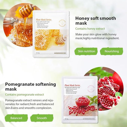 6 PCS Real Hydrating Avocado Honey Pomegranate Aloe Vera Nature Face Masks Skincare, Hyaluronic Acid, Vitamin C and E, Korean Beauty Essence Facial Paper Sheet Mask for Skin Care Moisturizing
