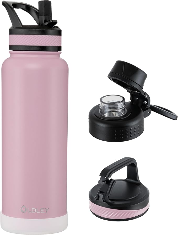 OLDLEY 40 oz Insulated Water Bottle With Straw, Stainless Steel Sports Water Cup Flask with 3 Lids(Straw, Spout and Handle Lid) Double Walled Travel Thermal Canteen Mug,Lavender Mist