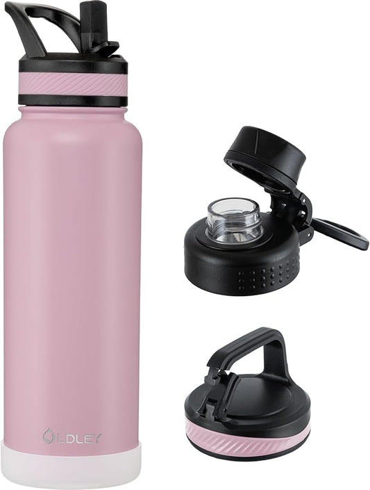 OLDLEY 40 oz Insulated Water Bottle With Straw, Stainless Steel Sports Water Cup Flask with 3 Lids(Straw, Spout and Handle Lid) Double Walled Travel Thermal Canteen Mug,Lavender Mist