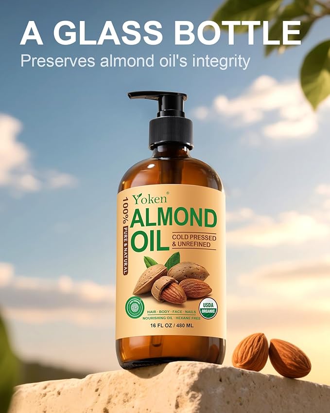 Yoken Organic Almond Oil 16 fl oz, USDA 100% Pure Cold Pressed Almond Oils in Glass Bottle, Natural Moisturizer for Face, Hair & Body, Ideal Carrier Oil for Skin Care, DIY Beauty & Soothing Massage