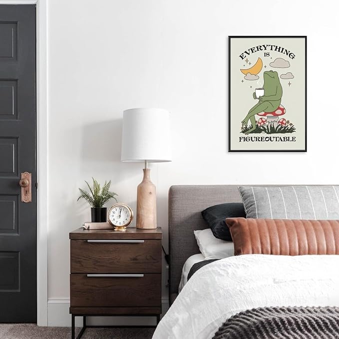 Everything is Figureoutable Motivational Canvas Wall Art Print Frog with Coffee Quote Inspirational Art Poster Mental Health Home Office Affirmation Wall Decor Minimalist Picture 12x18inch black framed