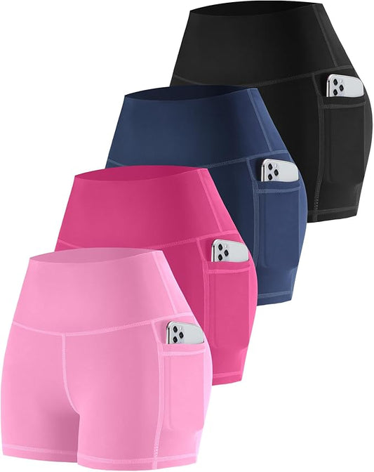 CHRLEISURE Womens Biker Yoga Shorts with Pockets: High Waisted Tummy Control Spandex Workout Athletic Gym Shorts 4 Packs