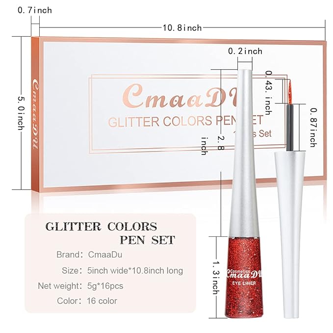 evpct 16 Color Liquid Glitter Eyeliner Sets Eyeliner Glitter Liquid Liners for Women White Silver Rose Gold Pink Sparkly Sparkle Shimmer Eyeliners delineador con glitter de colores para ojos colores
