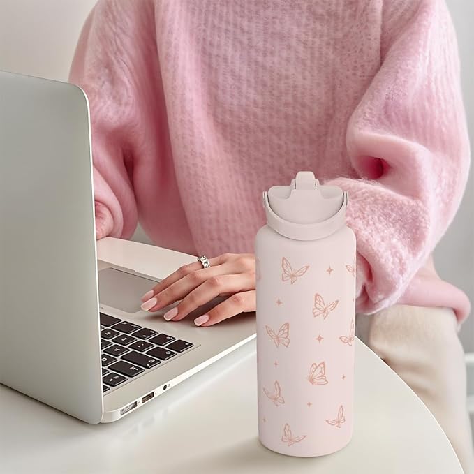 SANDJEST Butterfly Water Bottle Insulated Vacuum Stainless Steel 32oz with Lid, Gifts for Women Girls Teens Birthday Christmas