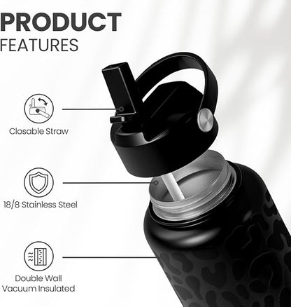 SANDJEST Leopard Water Bottle 32oz Stainless Steel Double Wall Vacuum Insulated with Lid, Leopard Print Water Bottles for Gym Sports Travel Outdoor, Gifts for Women Girls Ladies Birthday Christmas