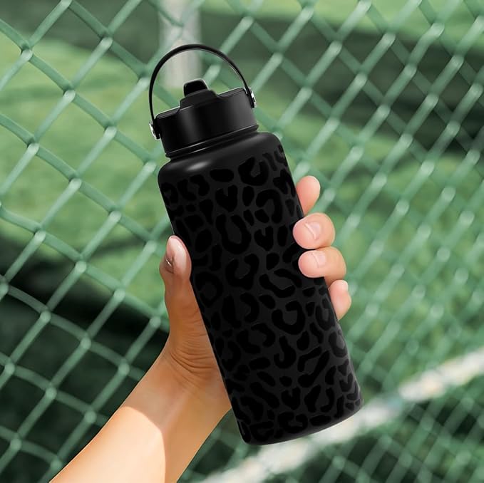 SANDJEST Leopard Water Bottle 32oz Stainless Steel Double Wall Vacuum Insulated with Lid, Leopard Print Water Bottles for Gym Sports Travel Outdoor, Gifts for Women Girls Ladies Birthday Christmas