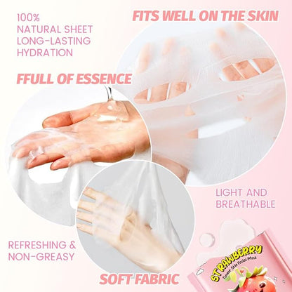 8 PCS Real Hydrating Nature Face Masks Skincare, Hyaluronic Acid, Vitamin C and E, Chamomile, Korean Beauty Essence Facial Paper Sheet Mask for Skin Care Moisturizing (Strawberry)