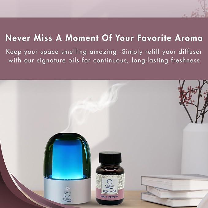 G's Breeze Smart Aroma Diffuser with 60ml Baby Powder Scent Refill – Bluetooth & Wi-Fi App Control - LED Lighting & Adjustable Intensity - Long-Lasting Soft Powdery Fragrance for Home or Office