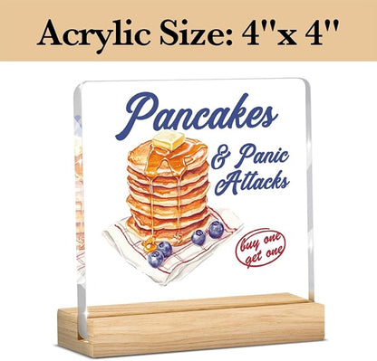 Mental Health Decor, Motivational Gifts for Women Men, Humorous Panic Attacks Inspirational Acrylic sign with Wooden office Accessories Bedroom Dorm Apartment Decoration-Pancakes and Panic Attacks