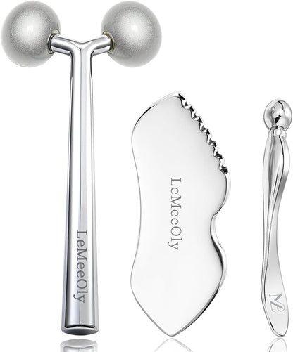 Face Roller Massager Skin & Gua Sha Facial Tools Stainless Steel, Facial Massage Skin Care for Face Neck Body, Reduce Puffiness Remove Wrinkles, Valentines Gift for Women