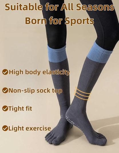 2 Pairs Anti-Slip Toe Socks No Show for Women, Warm Athletic Socks for Yoga, Fitness, Mid-Calf Compression Socks