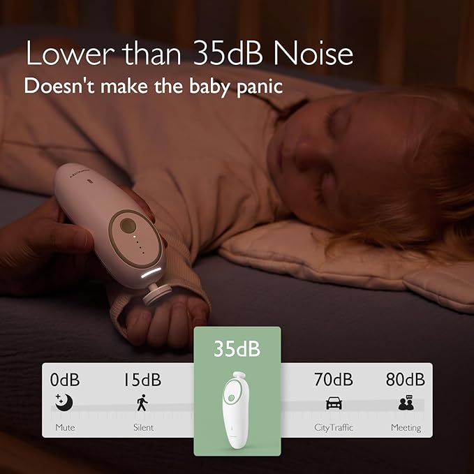 Momcozy Baby Nail File Electric, Gentle Baby Nail Trimmer Electric, Baby Nail Clipper with Night Light, 7 Grinding Head Replacement Pads, Green