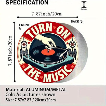 1pc Vintage Turn On The Music Vinyl Record Tin Sign, Retro Style Aluminum Wall Art, Rustic Metal Decor Plaque, 8x8", with No Electricity Needed, Cafe - Multipurpose Wall Hanging