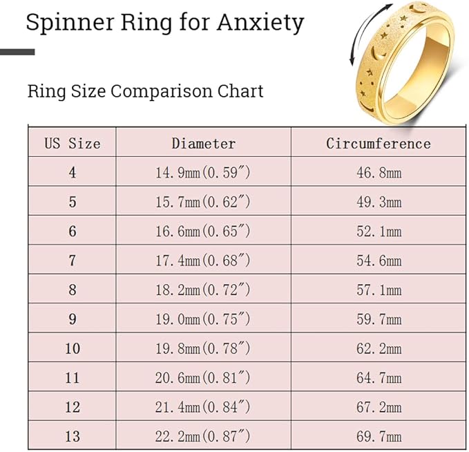OreilleStar Anxiety Ring for Women Fidget Ring Spinner Rings Stainless Steel Moon Star Fidgit Ring for Women Gold Plated Size 6