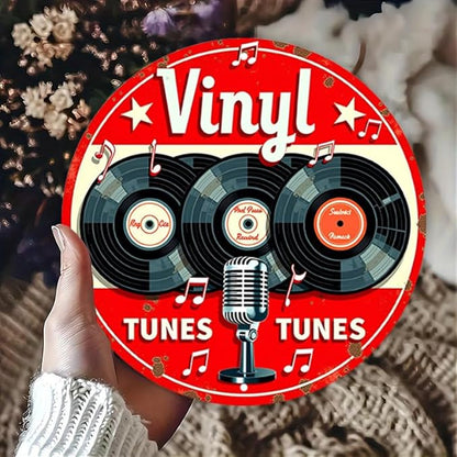 1pc Vintage Aluminum Metal Sign - Vinyl Tunes Round Wall Art - Classic Records & Retro Microphone Design - Ideal for Bar, Cafe, Music Room Decor - 7.8" Diameter