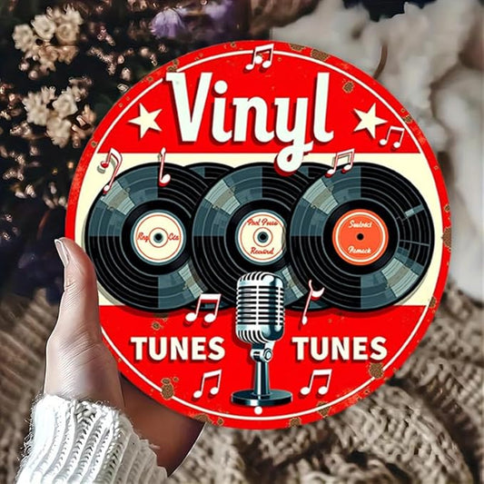 1pc Vintage Aluminum Metal Sign - Vinyl Tunes Round Wall Art - Classic Records & Retro Microphone Design - Ideal for Bar, Cafe, Music Room Decor - 7.8" Diameter