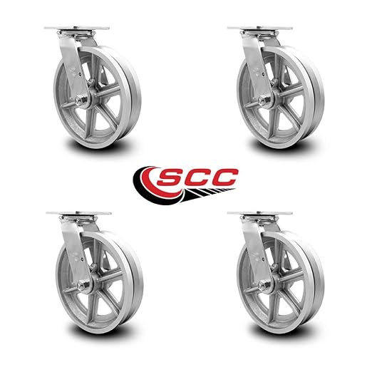 V Groove Semi Steel Cast Iron Swivel Top Plate Casters Set of 4 Heavy Duty with 8 Inch Wheels - Includes 4 Swivel – 5,000 lbs. Total Capacity - Service Caster Brand
