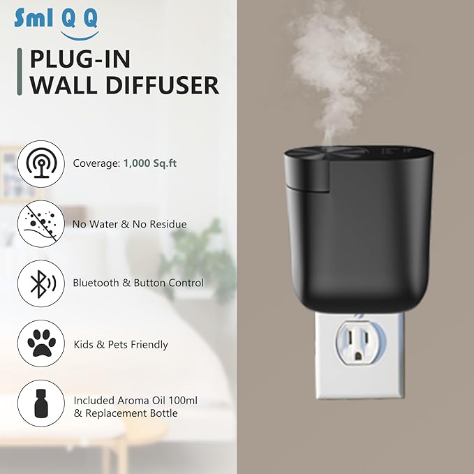 Plug-in Waterless Diffuser, Mini Home Fragrance Wall Diffuser for Large Room, Covers up to 1,000 Sq.Ft. Portable Difffuser Aromatherapy Set- Included 100ml Oil and Replacement Bottle -Black