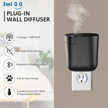 Plug-in Waterless Diffuser, Mini Home Fragrance Wall Diffuser for Large Room, Covers up to 1,000 Sq.Ft. Portable Difffuser Aromatherapy Set- Included 100ml Oil and Replacement Bottle -Black