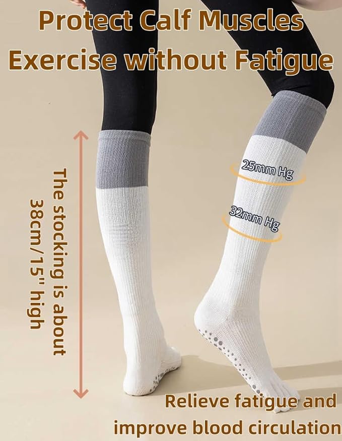 2 Pairs Anti-Slip Toe Socks No Show for Women, Warm Athletic Socks for Yoga, Fitness, Mid-Calf Compression Socks