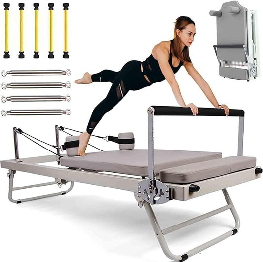 Foldable Reformer Pilates Machine, Yoga Workout Indoor Pilates Exercise Equipment, for Home Gym, Multifunction Portable Adjustable Reformer, Compact Training Weight,Off White