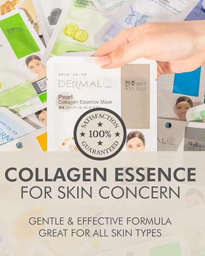 DERMAL Korean Collagen Face Mask – Hydrating & Soothing Sheet Mask with Panthenol – Hypoallergenic Calming Moisture Care for All Skin Types – 16 Combo Pack A