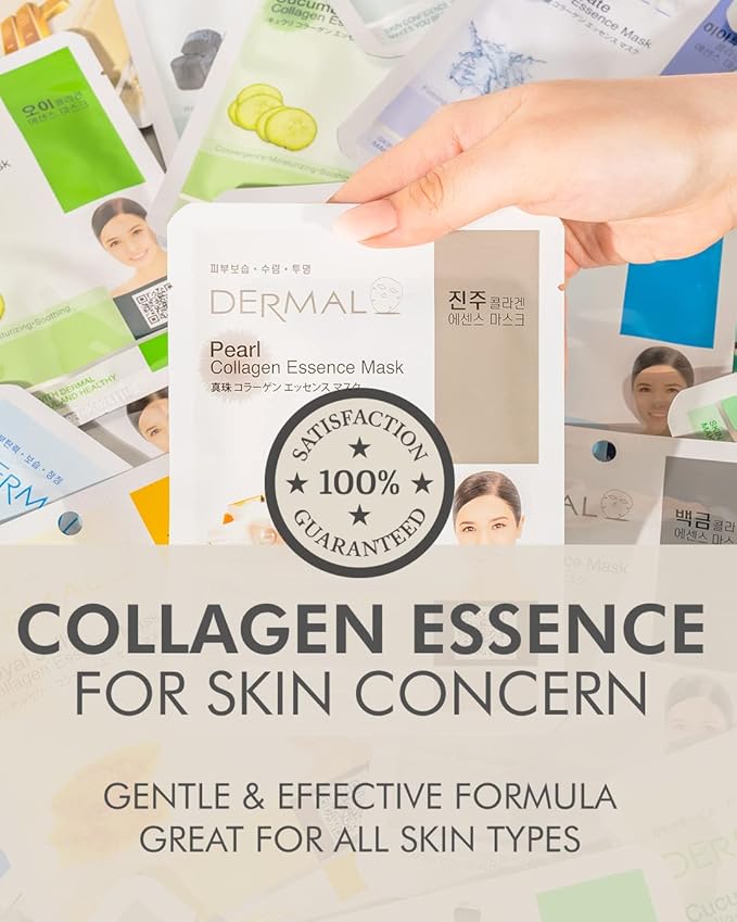 DERMAL 26 Combo Pack Collagen Essence Korean Face Mask (Green & Yellow) - Hydrating & Soothing Facial Mask with Panthenol - Hypoallergenic Sheet Mask for All Skin Types - Home Spa Treatment Mask