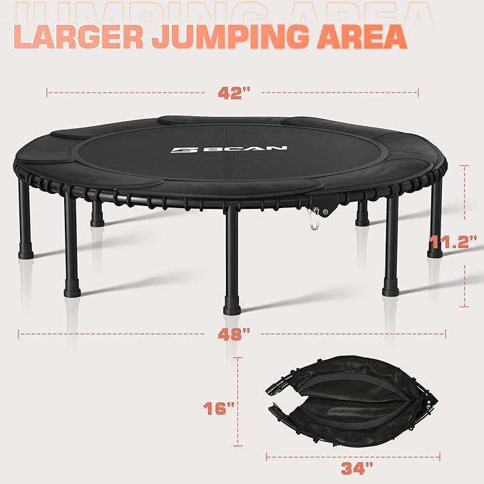 BCAN 450LBS/550LBS Foldable Mini Trampoline, 40"/48" Fitness Trampoline with Durable Bungees, Stable & Quiet Exercise Rebounder for Adults,Great Mini Trampoline for Indoor/Garden Workout - 2