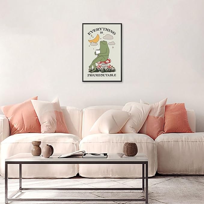 Everything is Figureoutable Motivational Canvas Wall Art Print Frog with Coffee Quote Inspirational Art Poster Mental Health Home Office Affirmation Wall Decor Minimalist Picture 16x24inch black framed