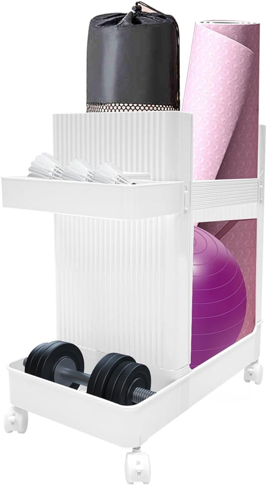 Yoga Mat Storage Rack with Wheels, Weight Cart Stand Small Gym Racks Yoga Racks, Storage Organizer Home Gym Equipment for Homes, Gyms, Schools (White)