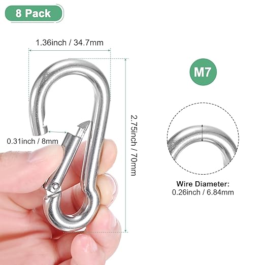8-Pack Spring Snap Hooks, M7 304 Stainless Steel 2.75 Inch Quick Link Snap Hooks for Keychain Clip/Hammock/Hiking, D Ring Shape Snap Clip Trigger Buckle Rust-Free Clips