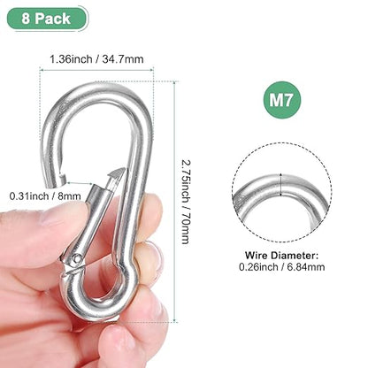 8-Pack Spring Snap Hooks, M7 304 Stainless Steel 2.75 Inch Quick Link Snap Hooks for Keychain Clip/Hammock/Hiking, D Ring Shape Snap Clip Trigger Buckle Rust-Free Clips