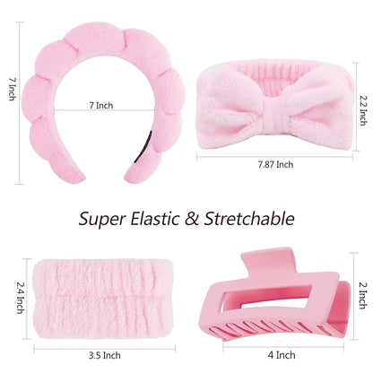 VELSCRUN Spa Headbands for Wash Face, Makeup Headband, Facial Skincare Headbands, 5 Pcs Pink Puffy Sponge Spa Headband Bow Tie Hair Band Hair Clips Wristband Set Women Girls Accessories