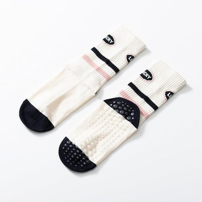 Yoga Pilates Socks with Grips for Women Non Slip Striped Cushioned Crew Socks for Barre Ballet Dance