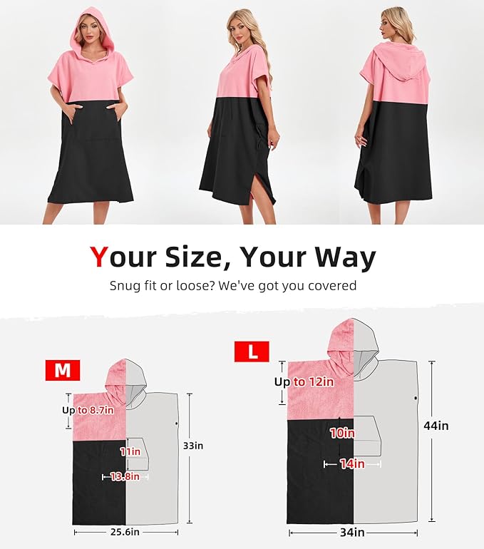 Abahub Surf Poncho Men & Women Towel Poncho Adult with Hood, Thick Quick Dry Changing Poncho Towel, Microfiber Wearable Cover Up for Surfing Beach Swim - Absorbent Changing Towel L (Pink/Black)