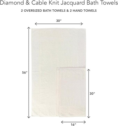 Texere 100% Organic Cotton Diamond Jacquard 700 GSM Luxury Bath Towel Sets - Ultra Soft and Absorbent Hotel and Spa Quality (Diamond, Cream, 2 Bath & 2 Hand Towels)